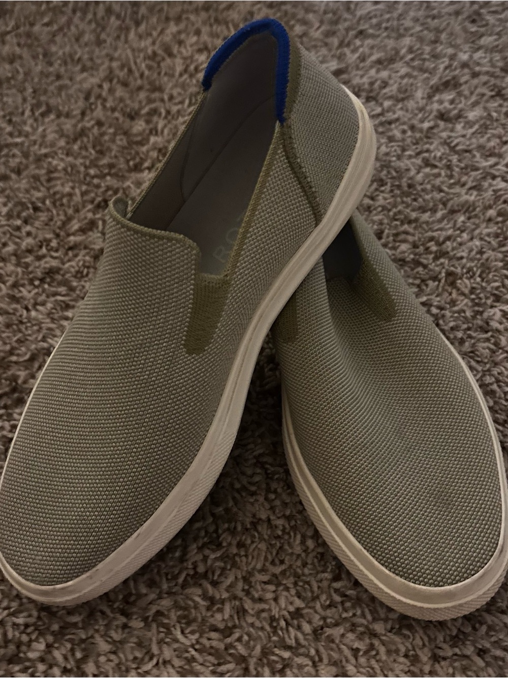 Rothy's Olive Knit Slip-On Loafers with Blue Heel Trim
